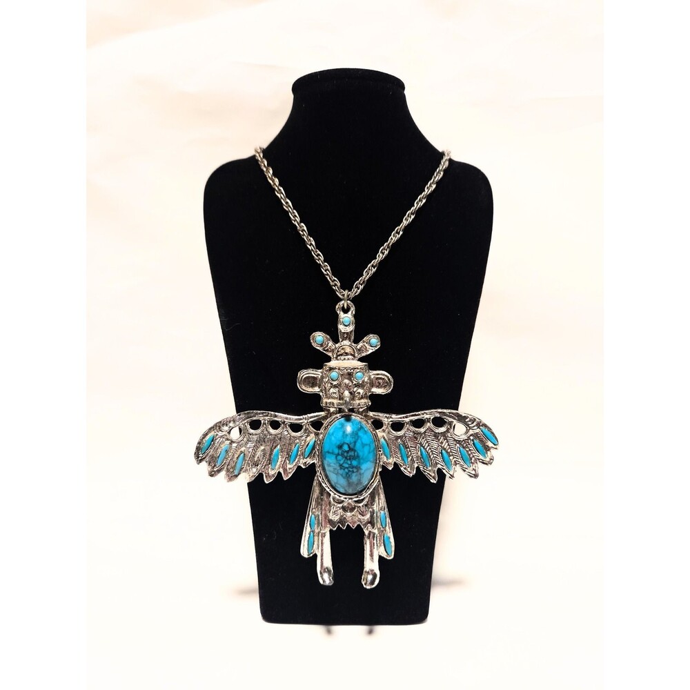 Southwest Style Thunderbird Pendant Necklace Turquoise Color Accents Silver Tone